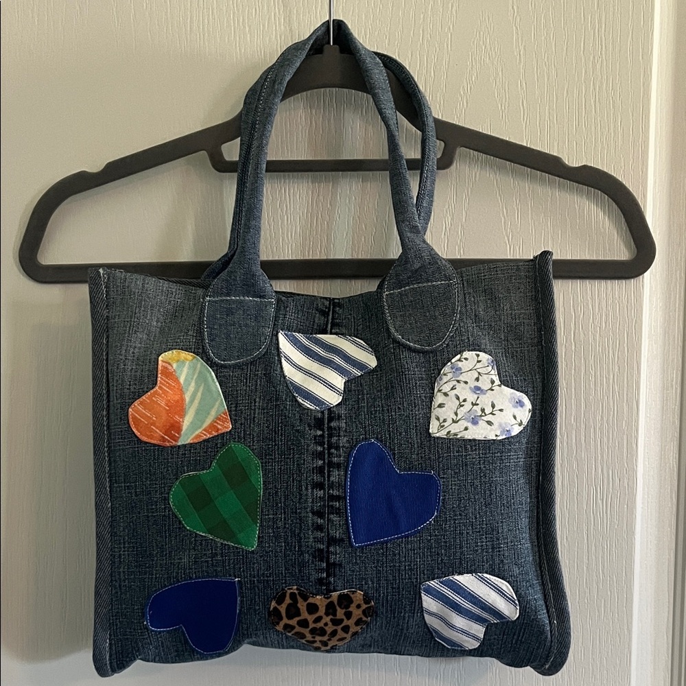 Stylish Denim Tote Bag with Colorful Heart Accents